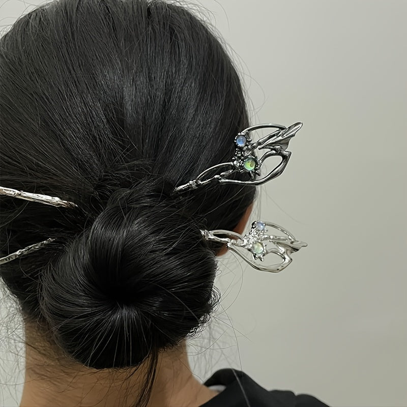 2pcs Vintage Alloy Moonstone Hairpin, Chinese Style Chignon Hair Accessories