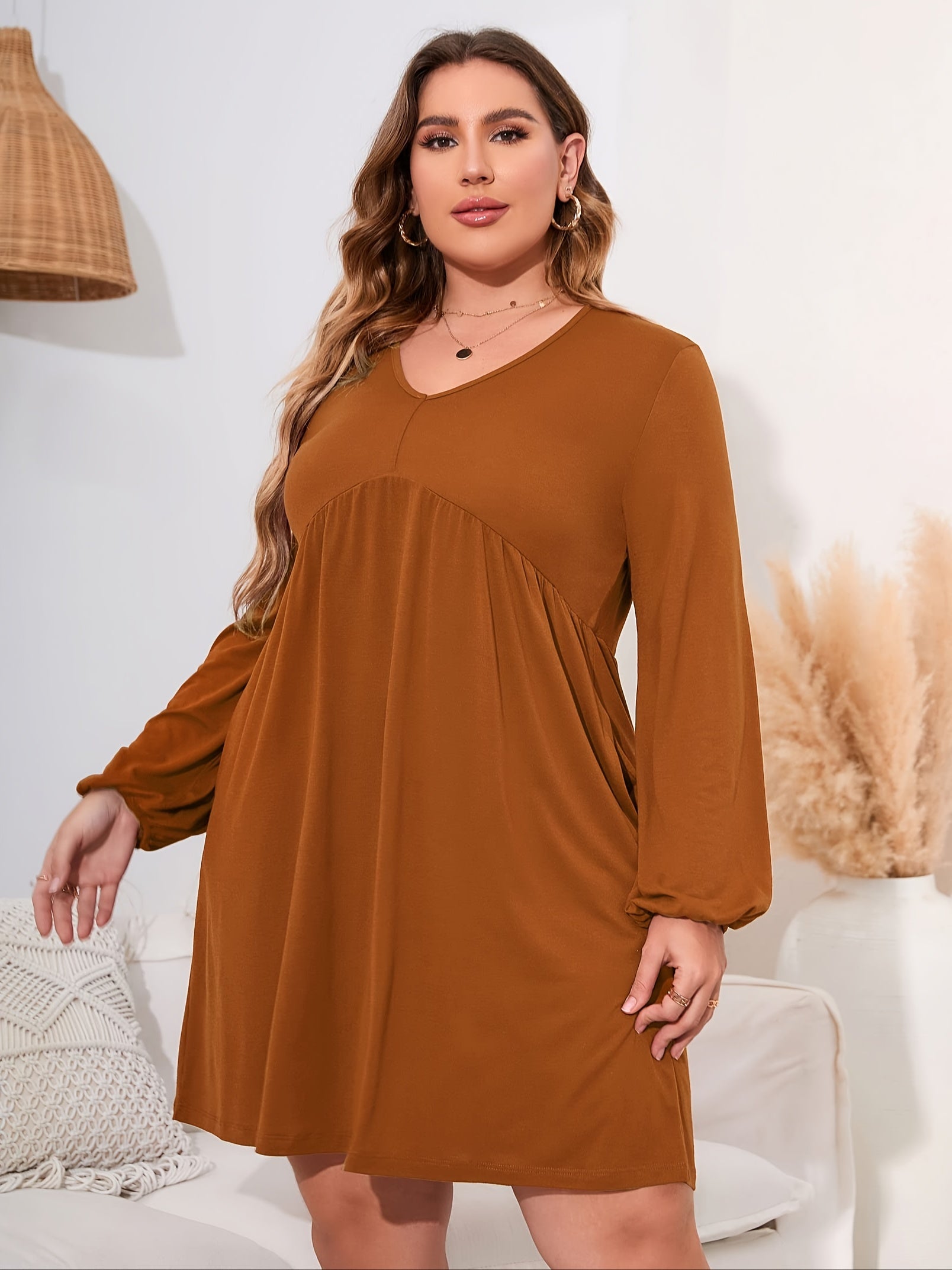  Solid Long Sleeve V-Neck Mini Dress With Pockets