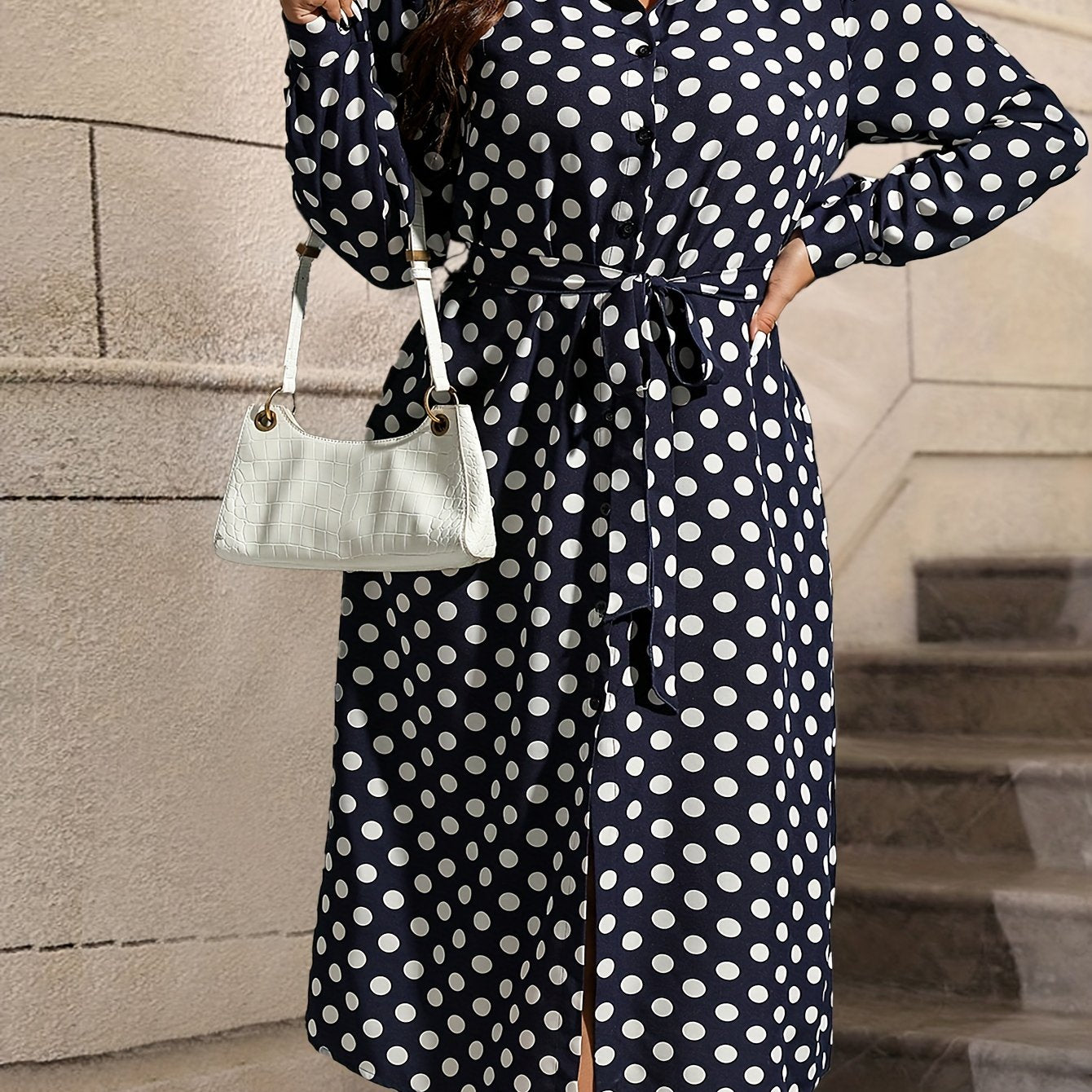  Polka Dot Button Up Long Sleeve Shirt Dress