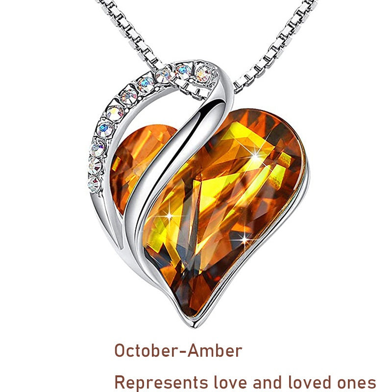 12 Months Birthstone Love Heart Pendant Necklace Jewelry Gift For Women