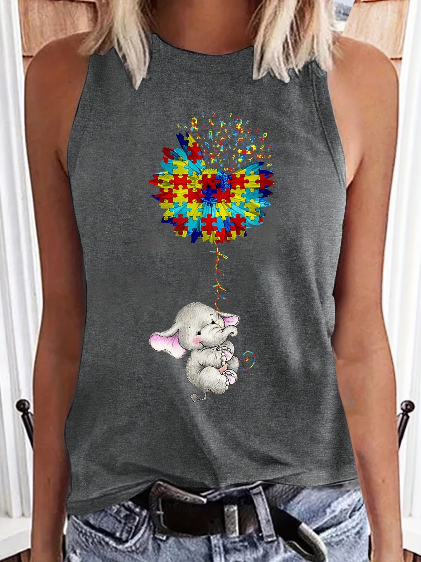 Elephant Print Sleeveless Tank Top for Summer Women's Clothing