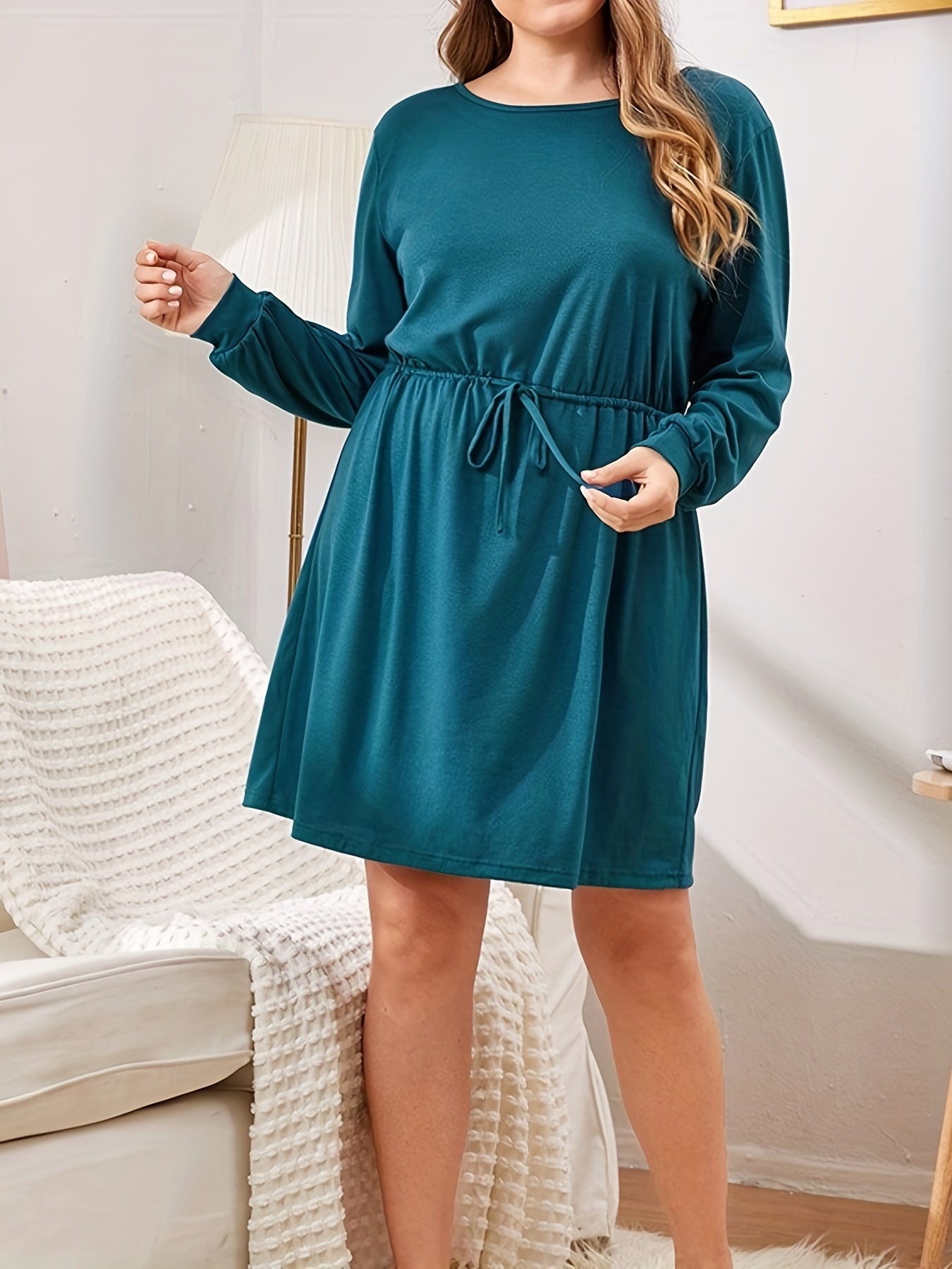  Lounge Dress Women's Plus Solid Long Sleeve Drawstring...