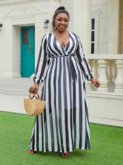  Strip Print V Neck Long Sleeve Wrap Maxi Dress