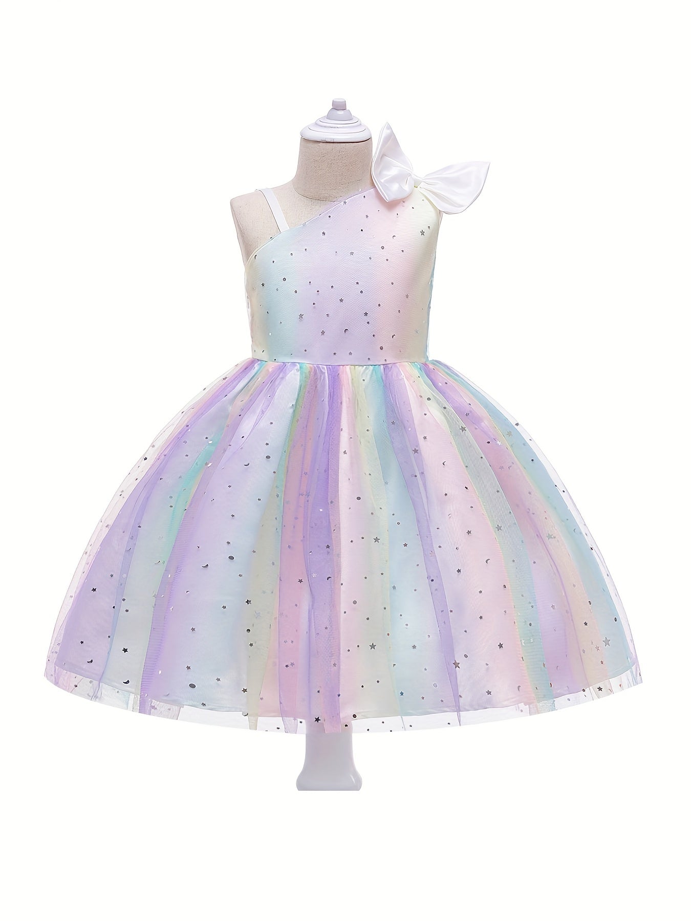 Girl's Princess Dress Sequin One Shoulder Mesh Dress