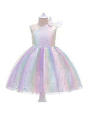 Girl's Princess Dress Sequin One Shoulder Mesh Dress