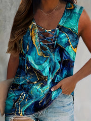  Marble Print Lace Up Tank Top