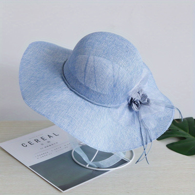 Wide Brim Beach Hat Lace Flower Rope Knot Sun Hat Solid Sunscreen Bucket Hat