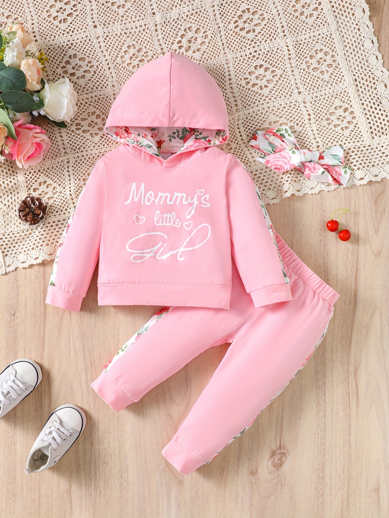 Girl's Set: Hooded Top, Leopard Print Pants & Headband