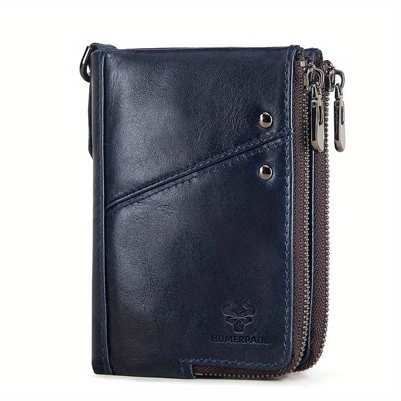 RFID Card Holder Leather Money Bag Double Zipper Male Clutch