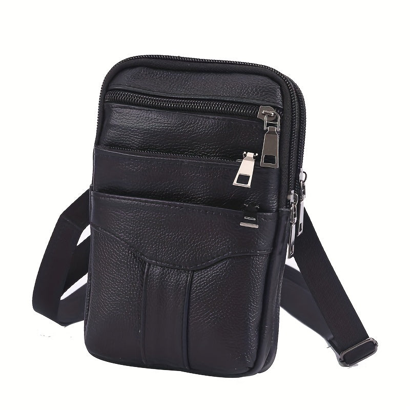 Men's Diagonal Mobile Phone Leather Waist Bag Double Zipper