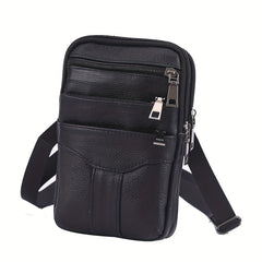 Men's Diagonal Mobile Phone Leather Waist Bag Double Zipper