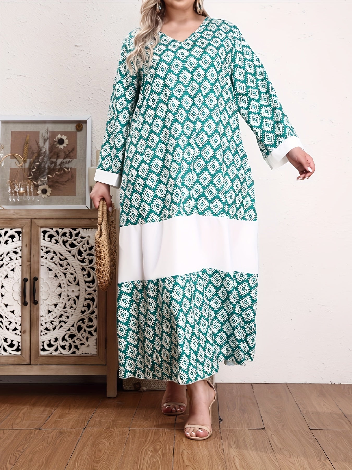  Abaya Dress Women's Plus Colorblock Argyle Print Long Sleeve V Neck