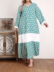  Abaya Dress Women's Plus Colorblock Argyle Print Long Sleeve V Neck