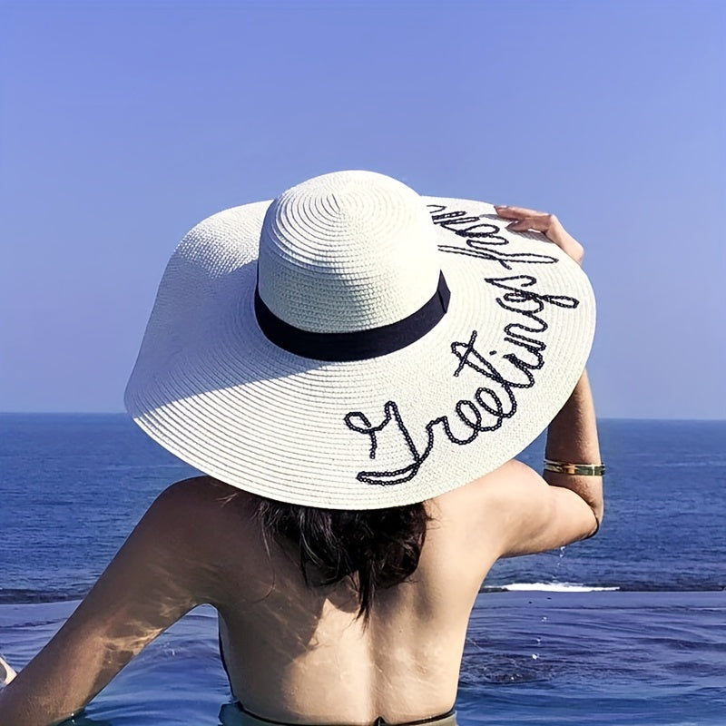 Sequin Letter Embroidery Floppy Straw Hat Wide Brim Travel Beach Hats