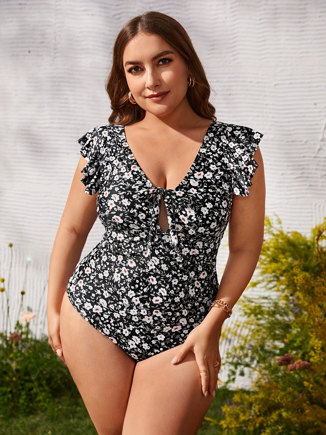  Ditsy Floral Print Ruffle Trim One Piece Swimsuit