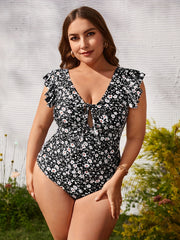 Ditsy Floral Print Ruffle Trim One Piece Swimsuit