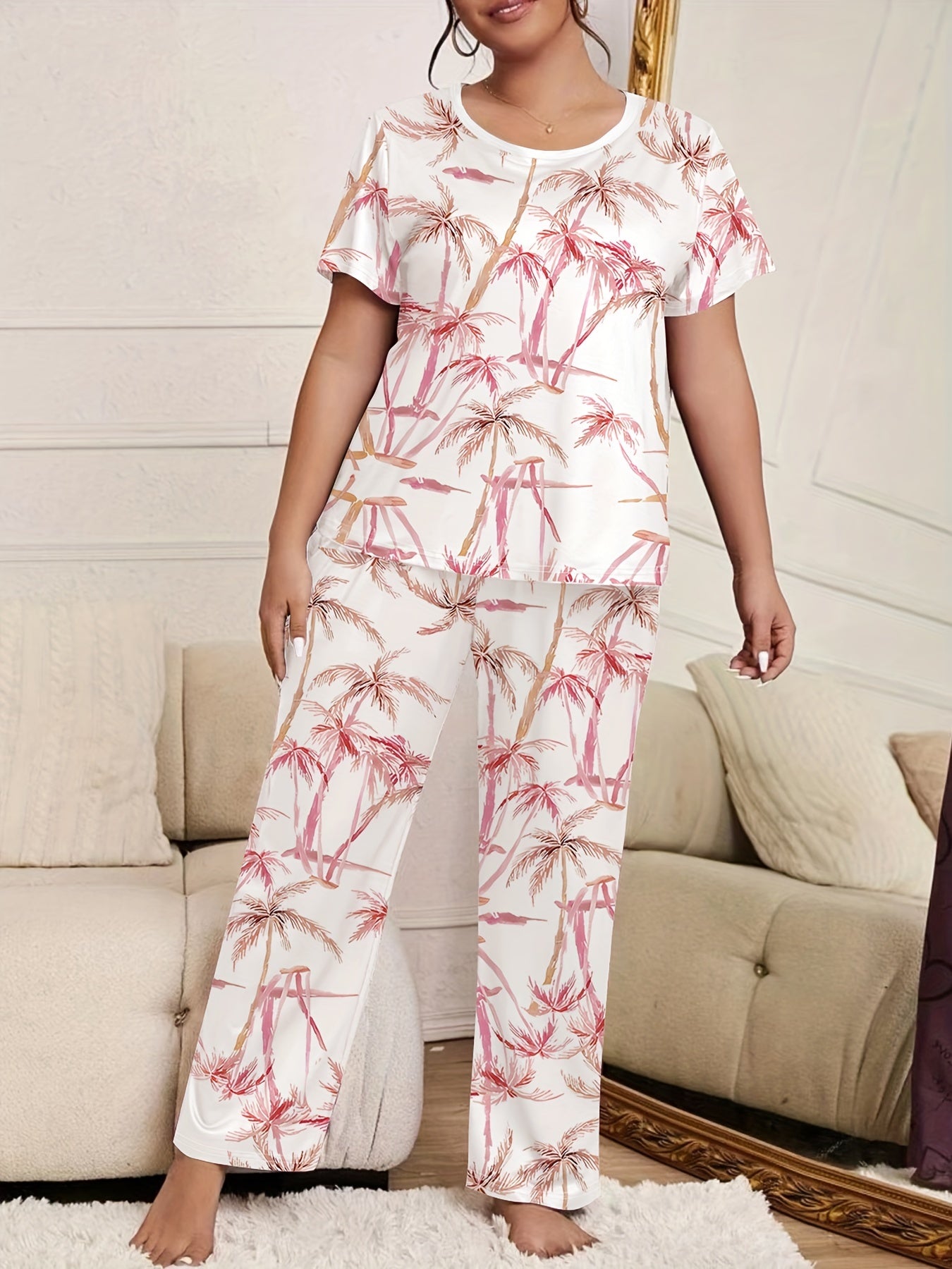  Boho Pajama Set Women's Plus Tropical Print Tee & Pants Lounge Set
