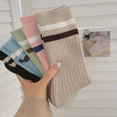 5 Pairs Striped Print Socks Mid Tube Women's Stockings