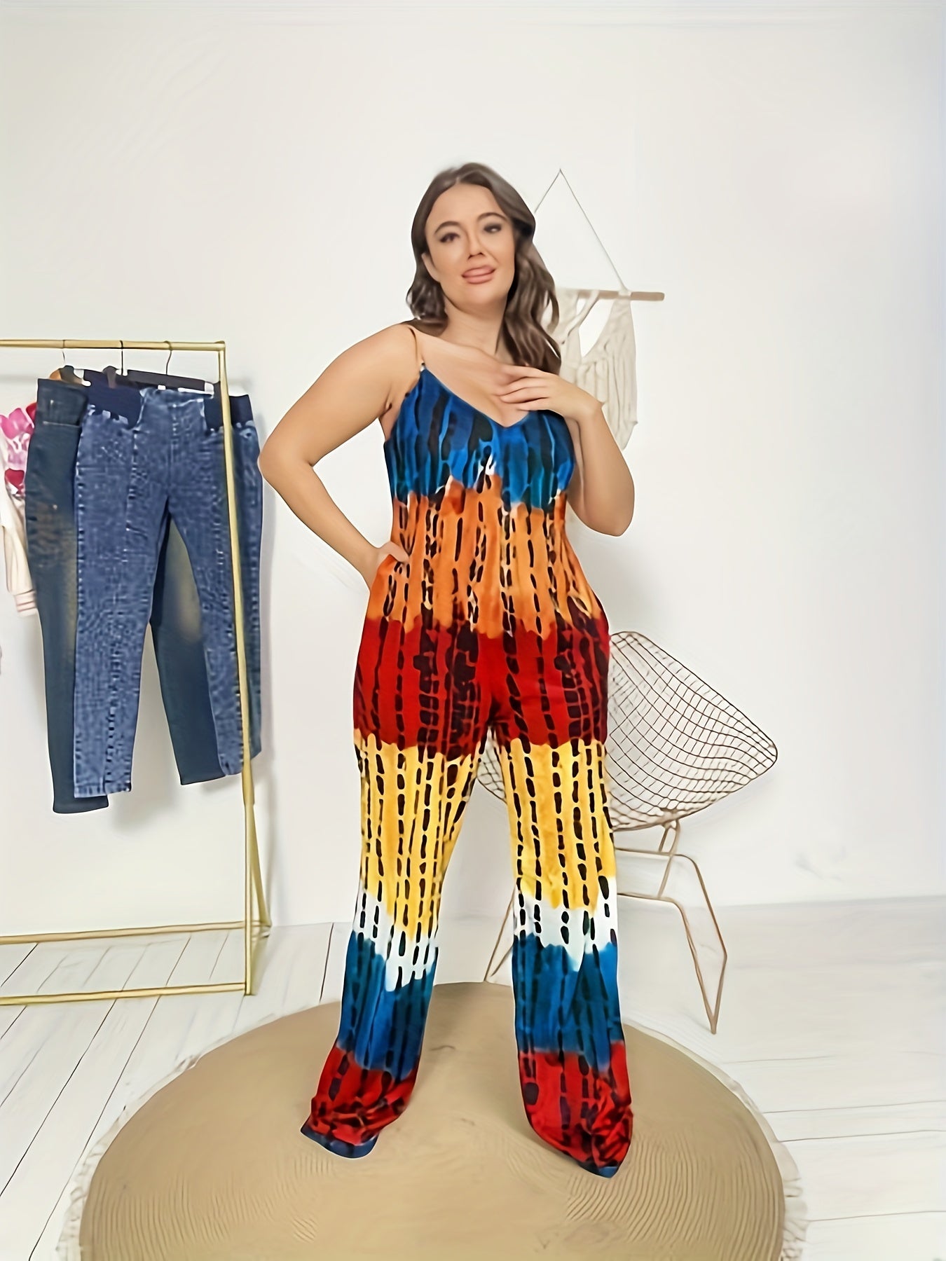 Tie Dye Block Wide Leg Jumpsuit Sleeveless Sexy Jumpsuit for Spring & Summer