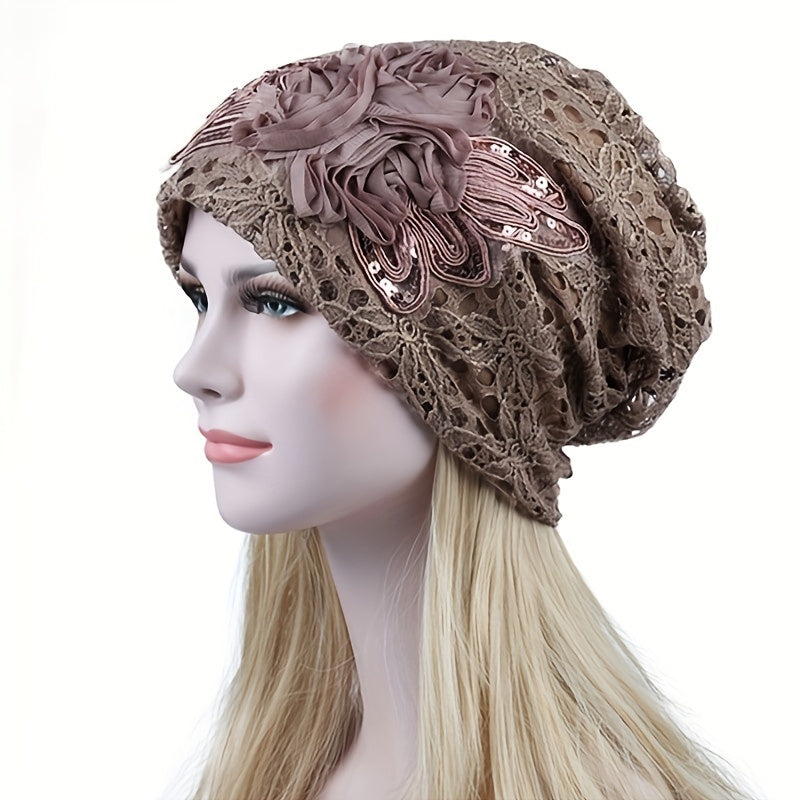 Flower Decor Lace Beanie Solid Turban Hat Lightweight Chemo Cap