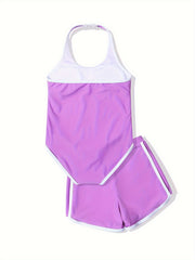 Girls Casual Swimsuit Set - Halter Neck Romper Top Shorts Set for Summer Beach