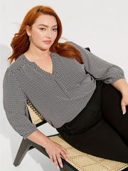  Houndstooth Print Three Quarter Sleeve Blouse