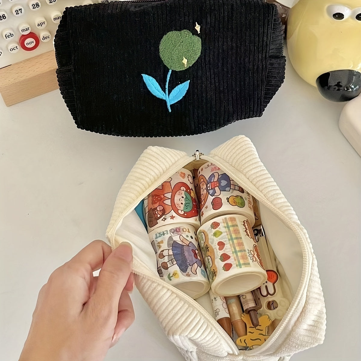 Corduroy Cosmetic Bag Makeup Bag Flower Make Up Organizer