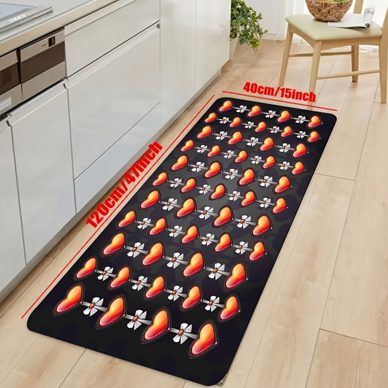 Red Heart Print Kitchen Mat Floral Pattern Rug, Washable Decorative Carpet