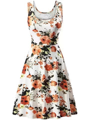  Floral Print Round Neck Stretch Tank Dress