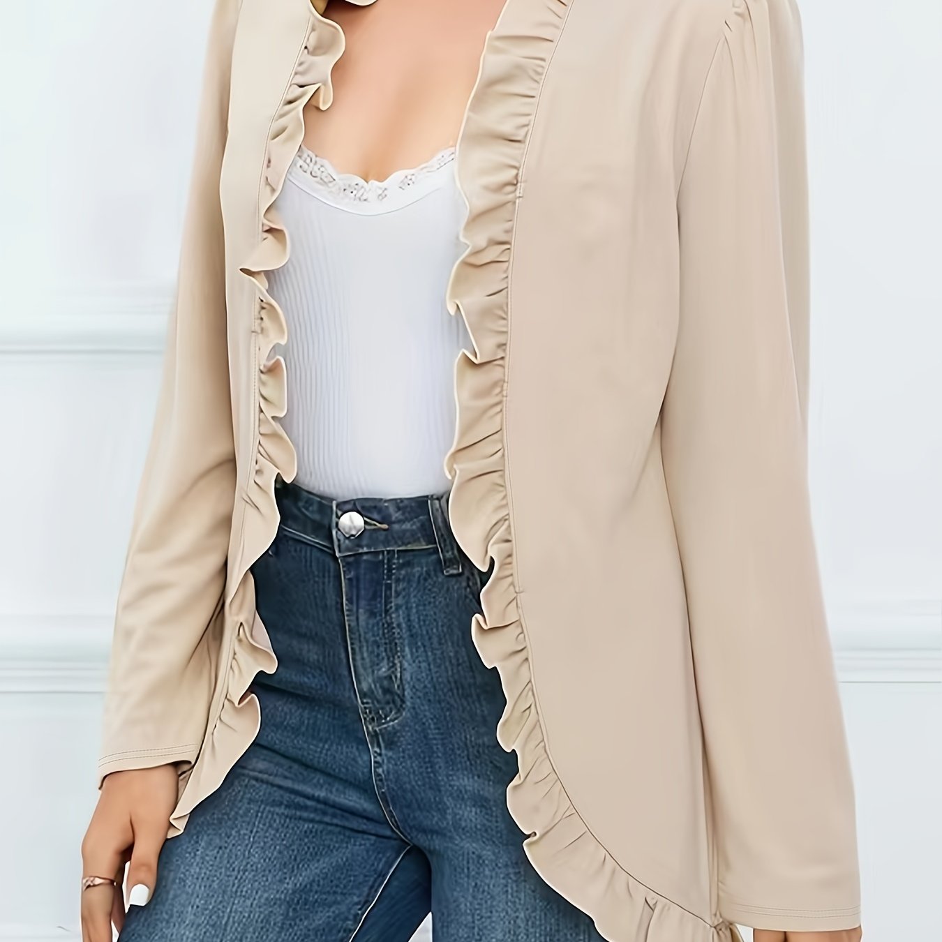  Casual Cardigan Women's Plus Solid Long Sleeve Open Front Ruffle Trim