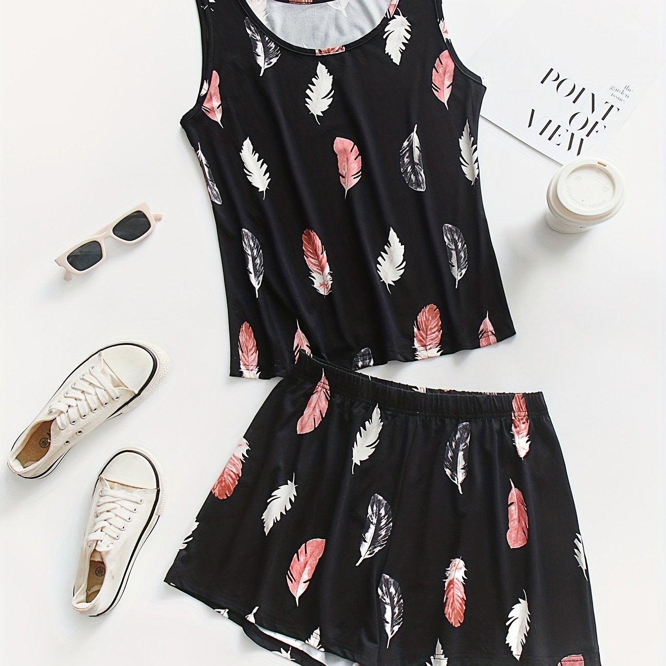 Women's Plus Feather Print Tank Top & Shorts Set
