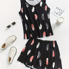 Women's Plus Feather Print Tank Top & Shorts Set