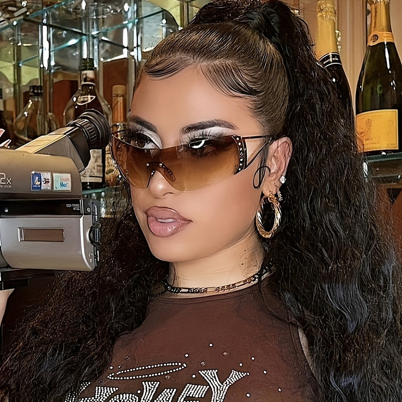 Rhinestone Frameless Rectangle Sunglasses Vintage Ladies Oversized Square
