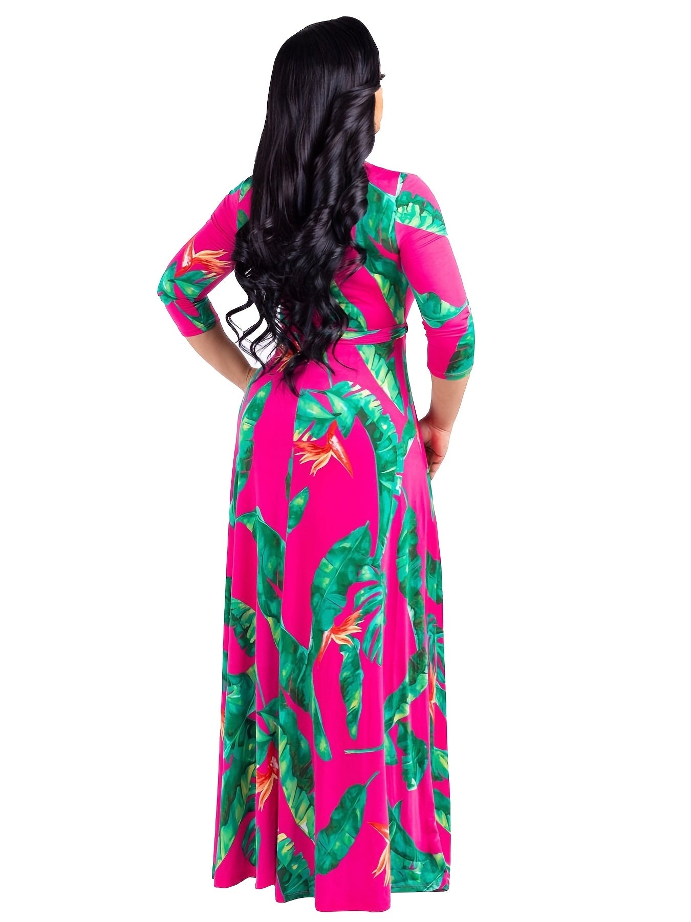 Floral Print V-Neck Maxi Dress With Belt Plus Size