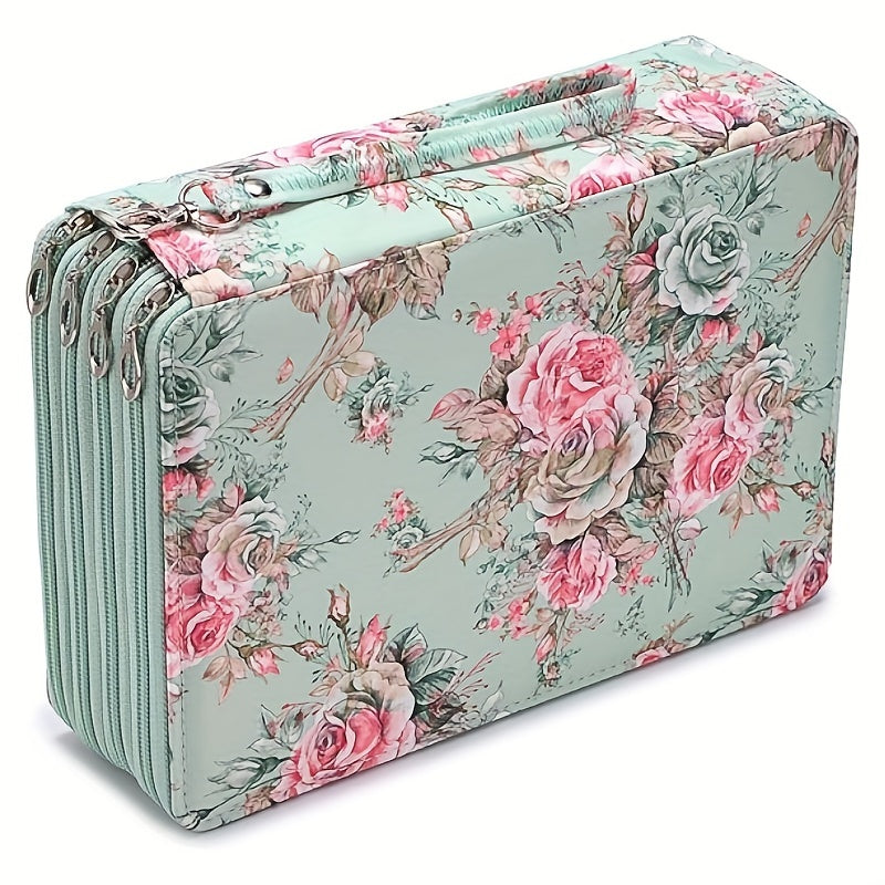 200 Holes Pencil Case Colored Pencil Holder Pen Storage Bag Zipper Rose Green