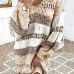  Striped Long Sleeve V Neck Oversized Sweater Dress