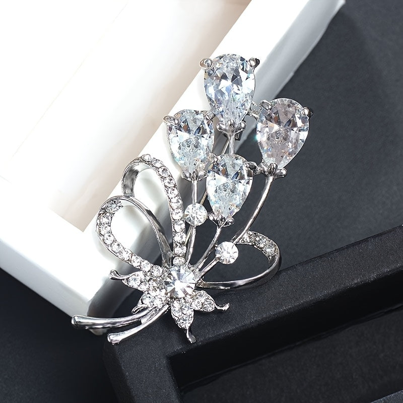 Rhinestone Flower Brooch Pin Zircon Crystal Silvery Plated 1pc