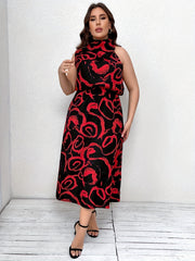  Abstract Brush Print Halter Neck Maxi Dress