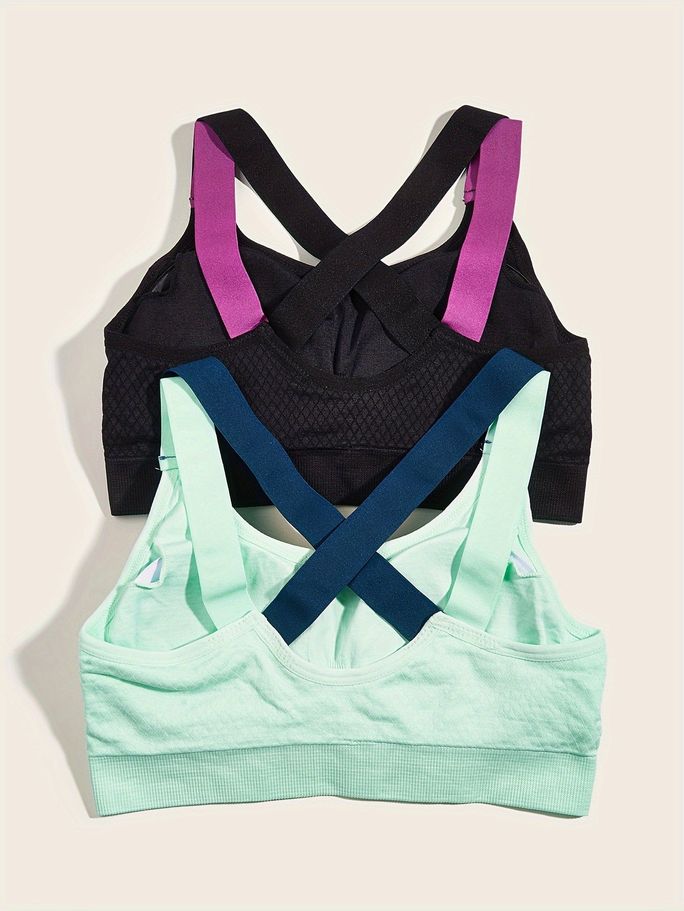 2pcs Cross Back Sports Bra Comfy Workout Colorblock Bra Women's Lingerie