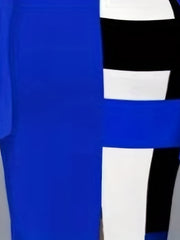  Colorblock Geometric Print Bell Sleeve V Neck Midi Dress