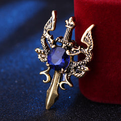 Men's Retro Shuanglong Sword Brooch Domineering Gem Crystal Suit Corsage