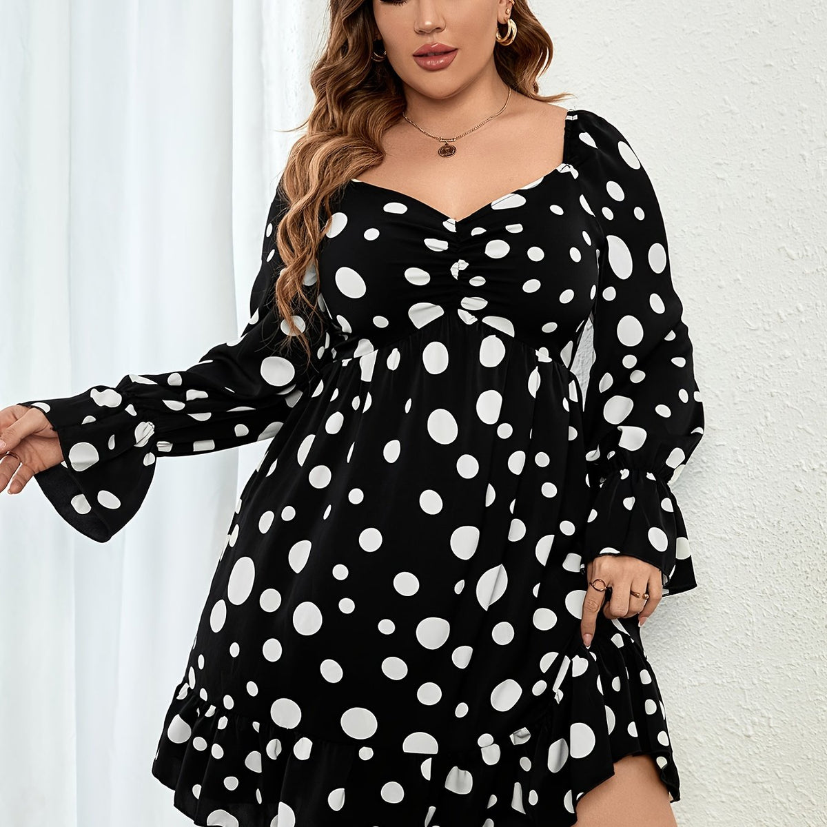 Polka Dot Print Shirred Midi Dress