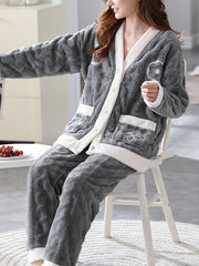 Floral Print Fuzzy Pajama Set Long Sleeve V Neck Women's Sleepwear