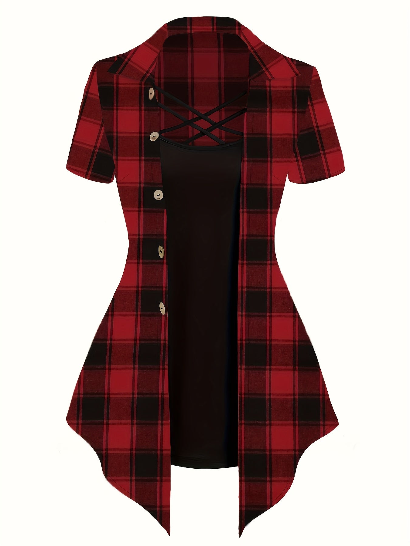  Plaid Print Blouse & Cami Top Set