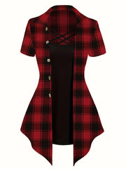  Plaid Print Blouse & Cami Top Set