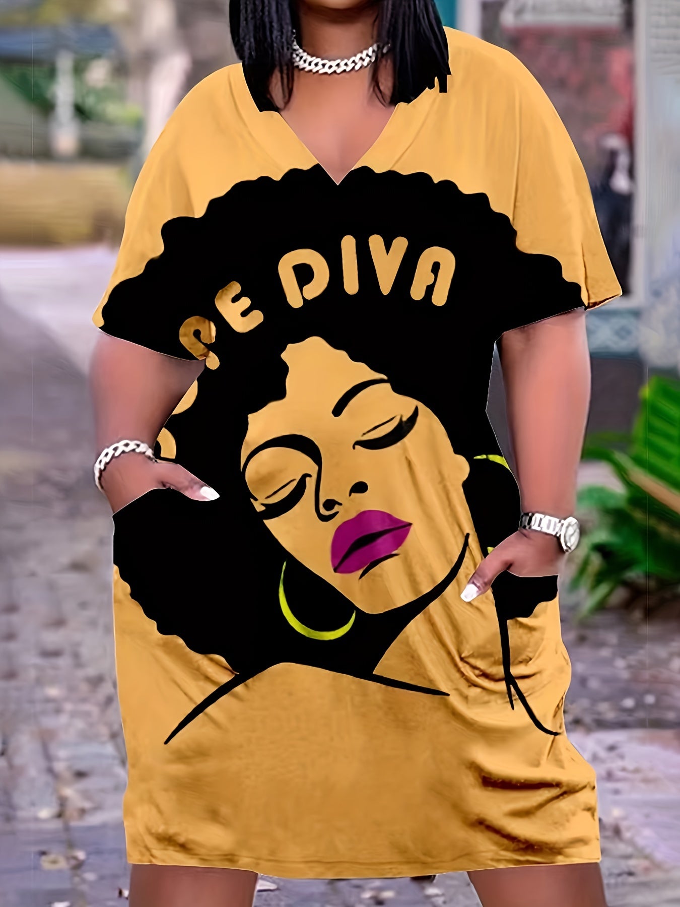 Women's Plus Figure & Butterfly Print Short Sleeve V Neck Tee Dress