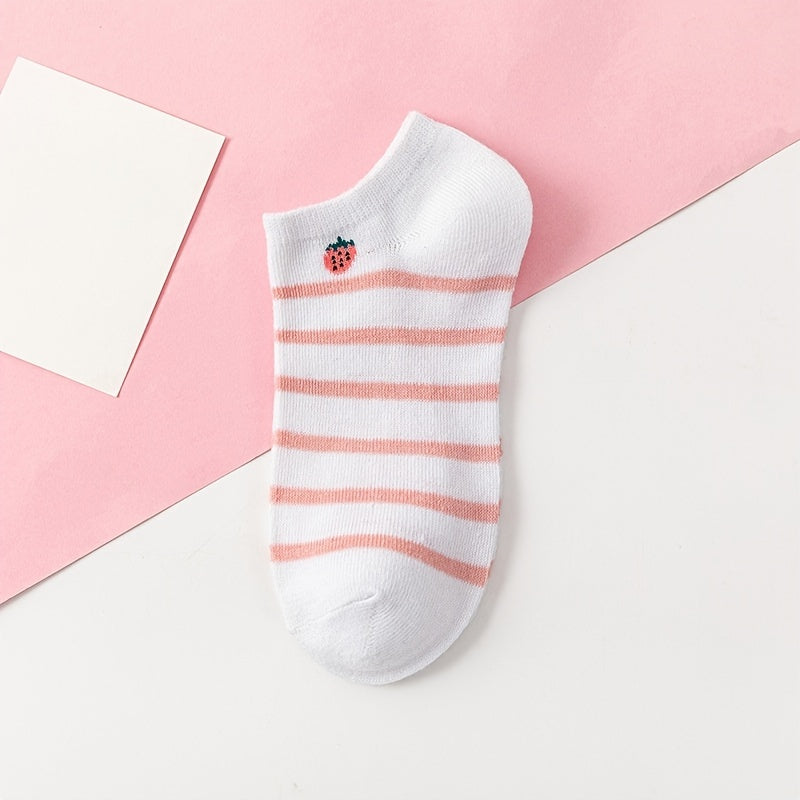 5 Pairs Pink Strawberry Pattern Ankle Socks