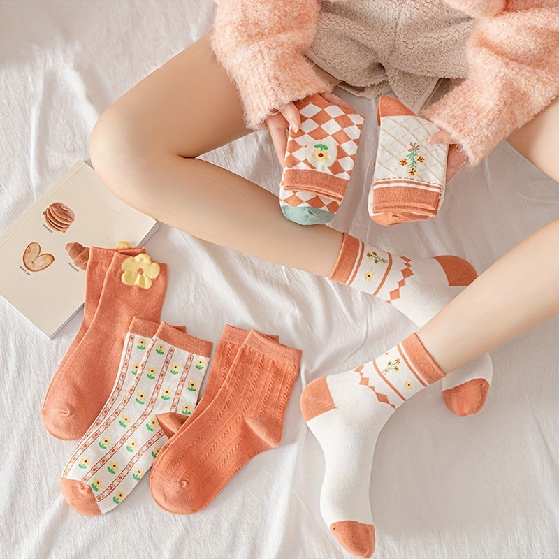 6 Pairs Floral Print Socks Women's Mid Tube Stockings