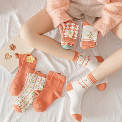 6 Pairs Floral Print Socks Women's Mid Tube Stockings