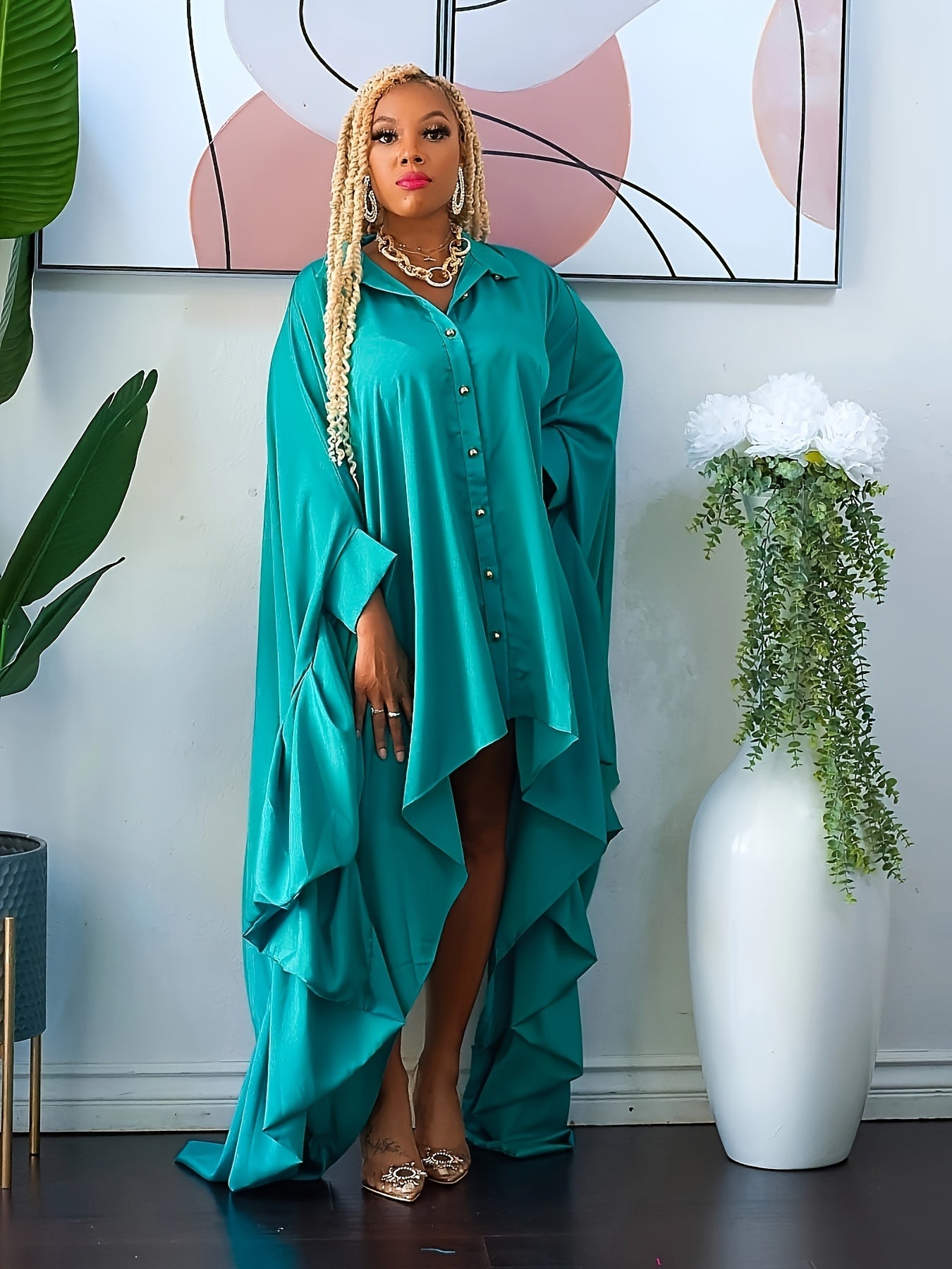  Solid Draped Batwing Sleeve Button Up Shirt Dress